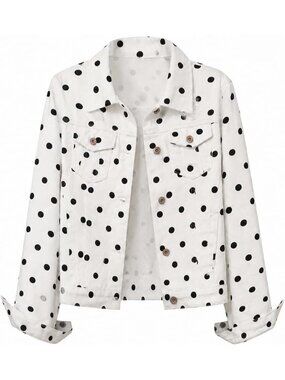 〽️Women's White Polka Dot Cropped Distressed Jean Jacket Ripped Denim Coat
